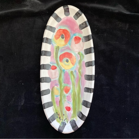 Handmade Ceramic Oval Serving Tray Poppies on Pink“ 12.5”x5.5” Original - Picture 1 of 10